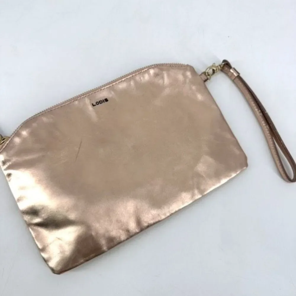 Lodis Rose Gold Metallic Leather Clutch Wristlet‎ Cosmetic Makeup Bag Toiletries